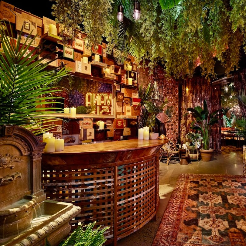 Havana 151 bar with a neon sign, cigar box wall, lush plants, and patterned rug.