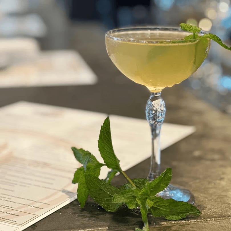 A Cuban cocktail in a coupe glass garnished with mint, next to a menu on a bar.