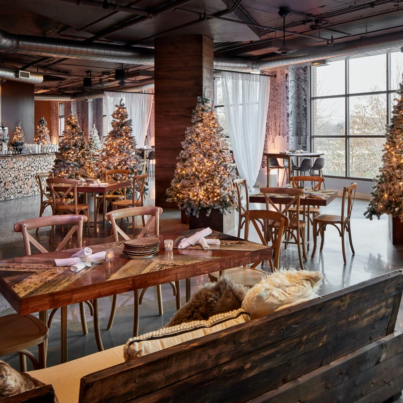 Havana 151 restaurant dining area with festive Christmas trees, wooden tables, and large windows.