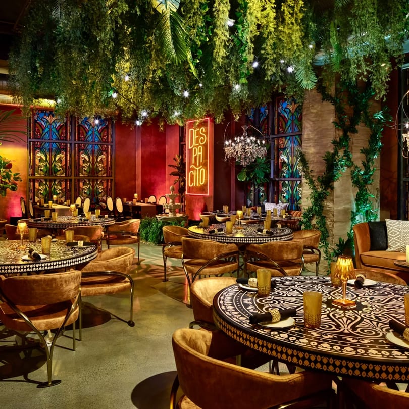 Havana 151's vibrant dining room with lush greenery, patterned tables, and a "DESPACITO" neon sign.