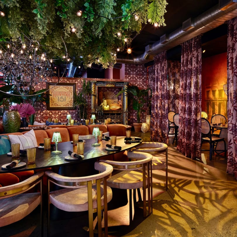 Havana 151 restaurant interior with a long table, plush seating, and lush tropical decor.