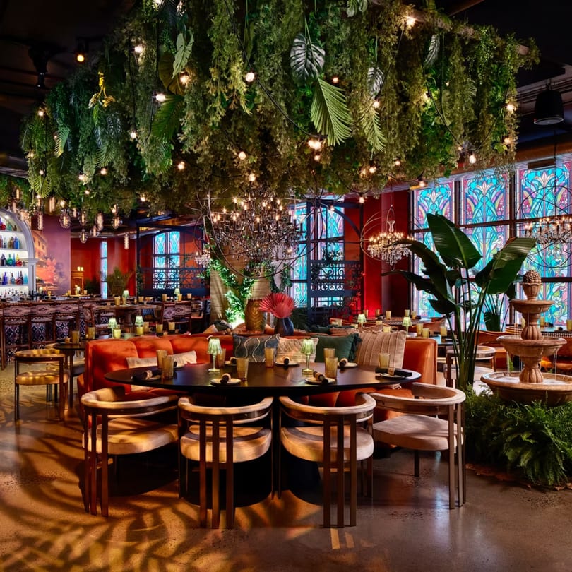 Havana 151's vibrant dining room with lush hanging greenery, colorful stained glass, and elegant seating.