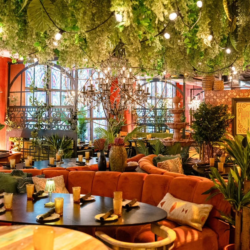 Vibrant Havana 151 dining room with orange banquettes, lush greenery, string lights, and chandeliers.